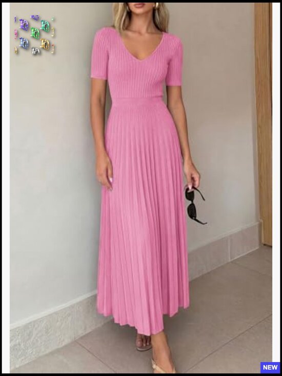 Ribbed Knit Midi Sweater Dress V-Neck A-Line Pleated Summer Casual - Picture 5 of 7